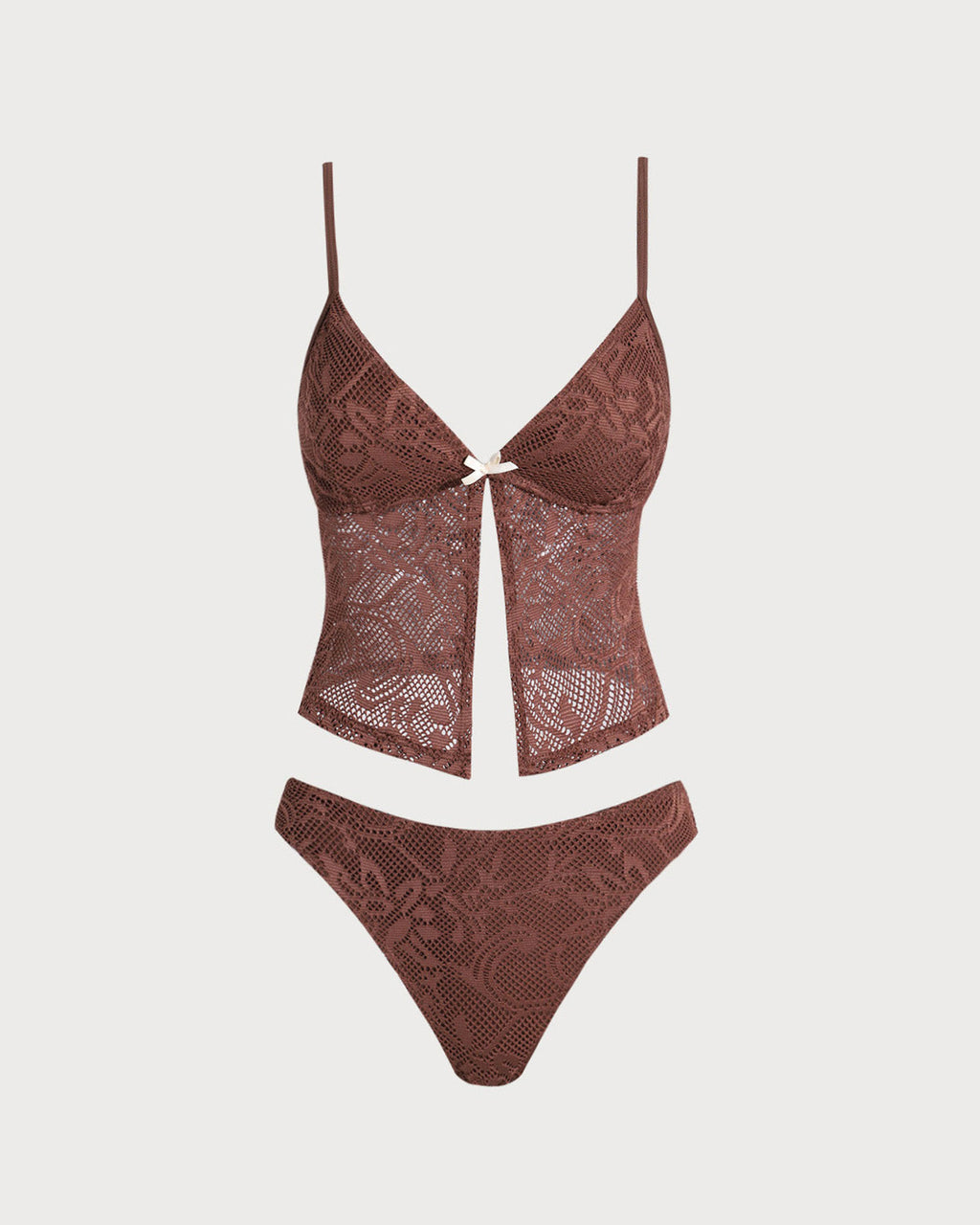 Navela | Brown Mesh Slit Tankini Swimsuit
