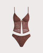 Navela | Brown Mesh Slit Tankini Swimsuit