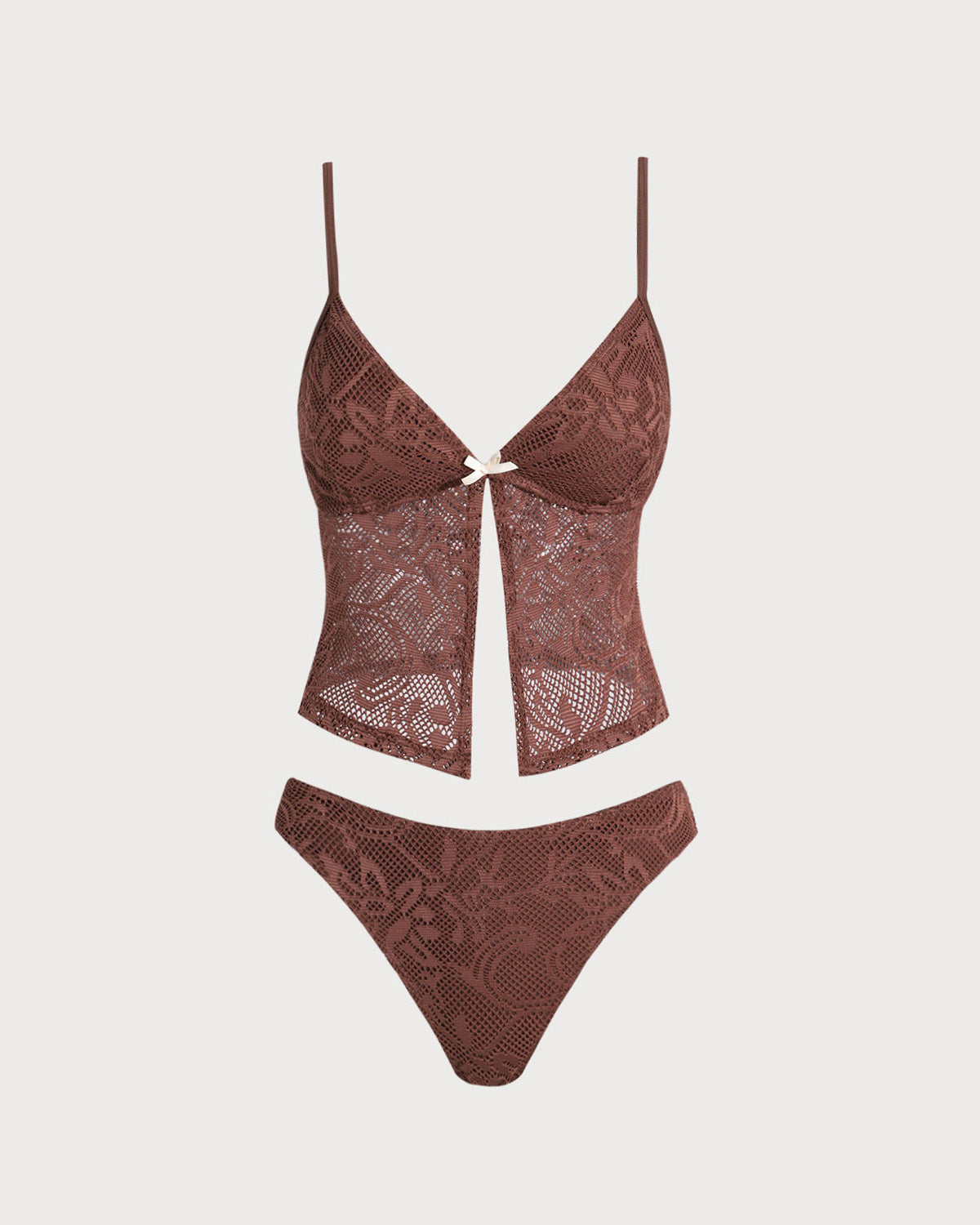 Navela | Brown Mesh Slit Tankini Swimsuit