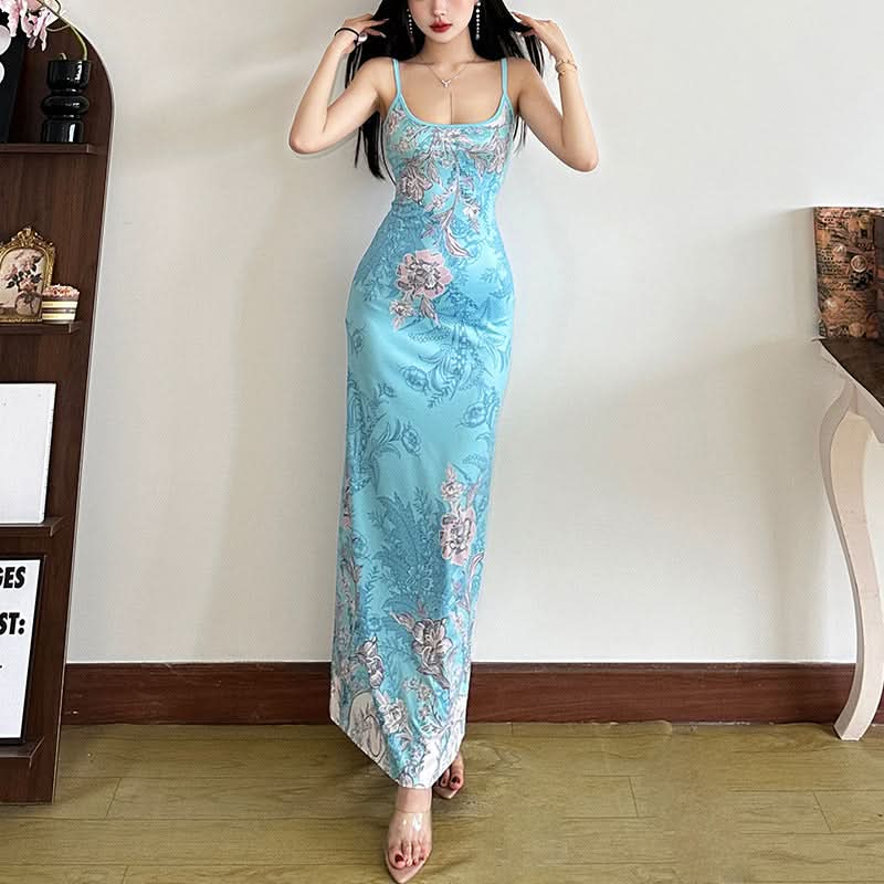 Navela | Floral Print U-Neck Backless Cami Maxi Dress