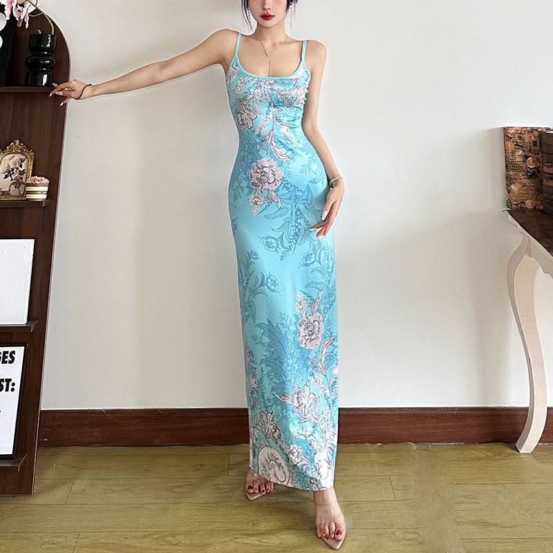 Navela | Floral Print U-Neck Backless Cami Maxi Dress
