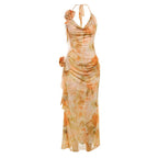 Navela | Cowl neck flower applique print halter maxi dress