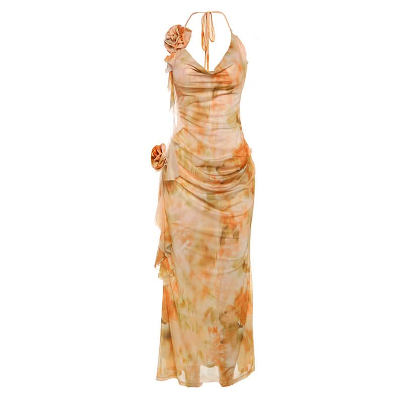 Navela | Cowl neck flower applique print halter maxi dress