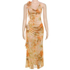 Navela | Cowl neck flower applique print halter maxi dress