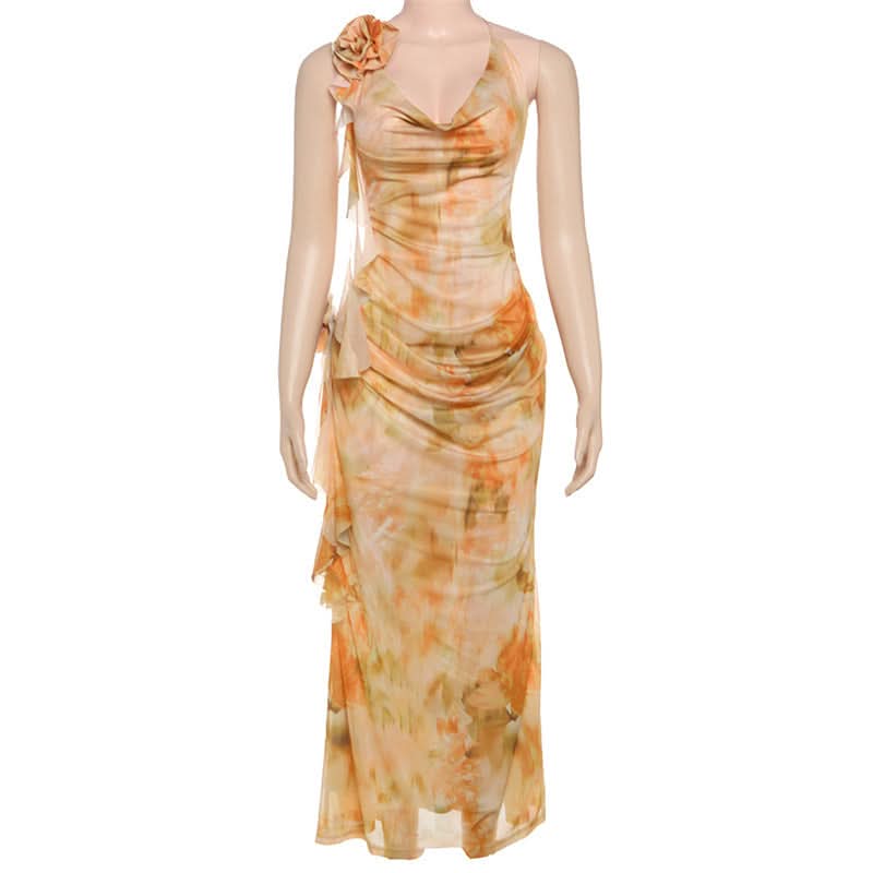 Navela | Cowl neck flower applique print halter maxi dress