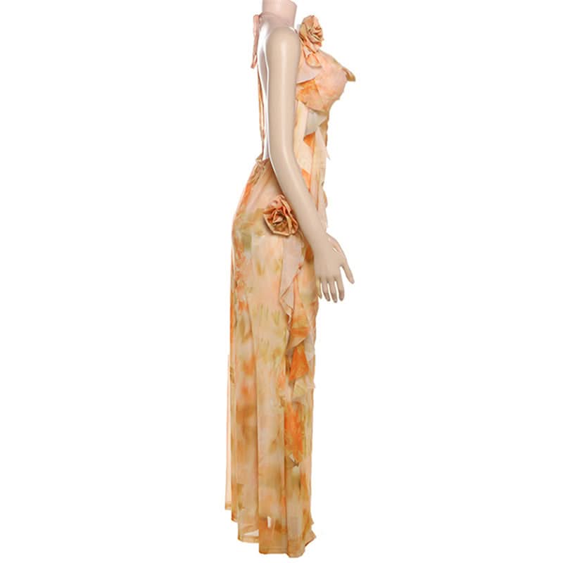 Navela | Cowl neck flower applique print halter maxi dress