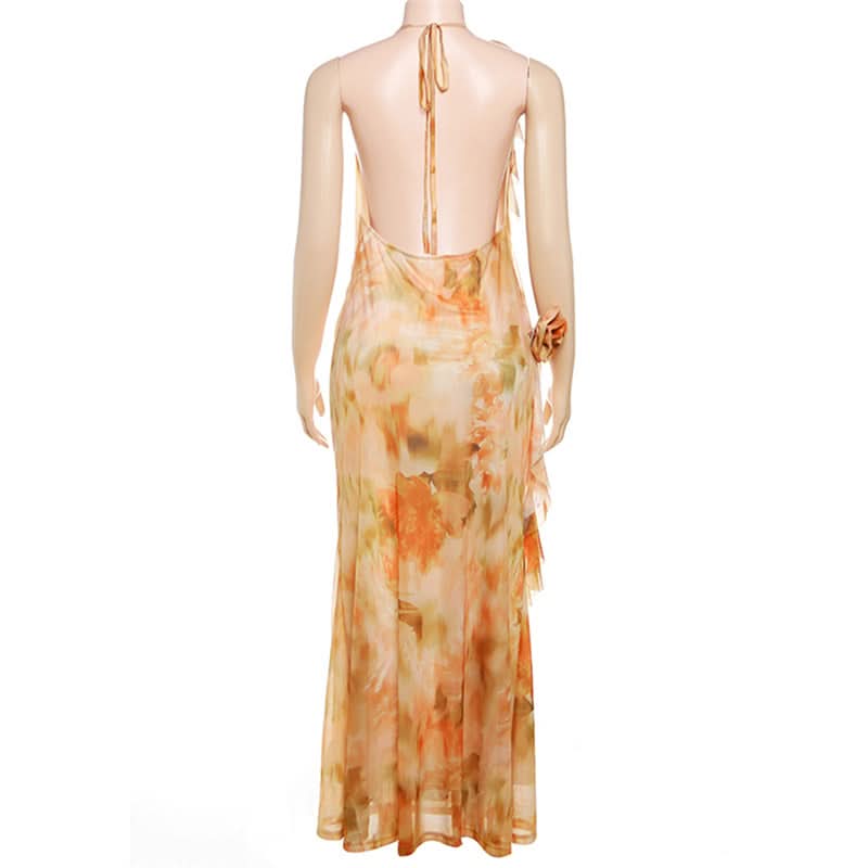 Navela | Cowl neck flower applique print halter maxi dress