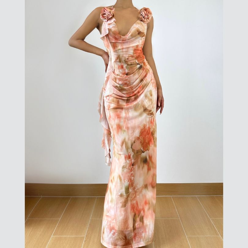 Navela | Cowl neck flower applique print halter maxi dress