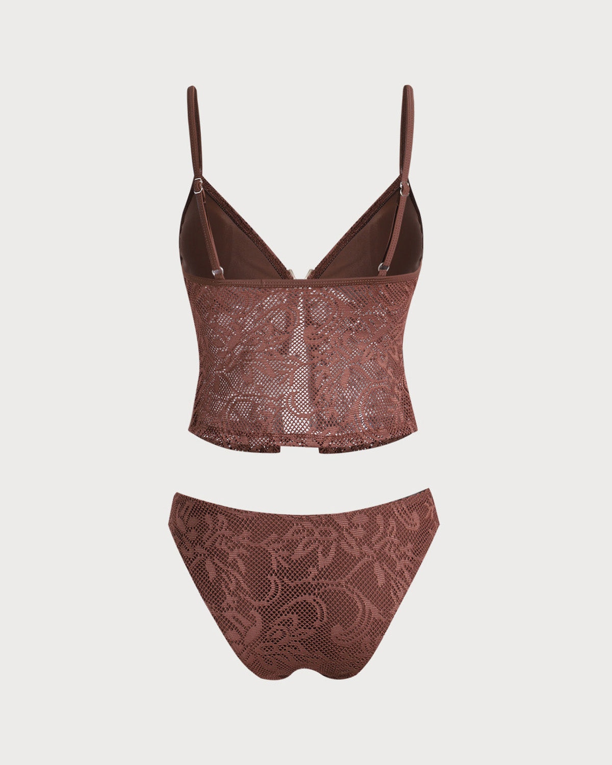 Navela | Brown Mesh Slit Tankini Swimsuit