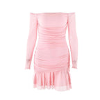 Navela | Off-Shoulder Ruched Mesh Long Sleeve Mini Dress