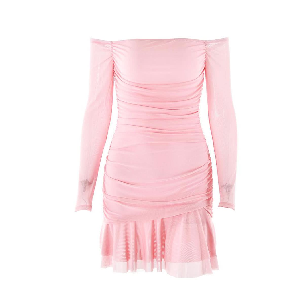Navela | Off-Shoulder Ruched Mesh Long Sleeve Mini Dress