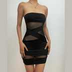 Navela | Cross-Front Mesh Backless Patchwork Tube Mini Dress