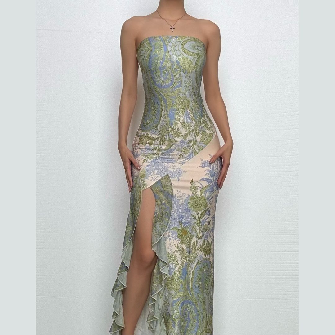 Navela | Flower Print Slit Irregular Contrast Backless Maxi Dress
