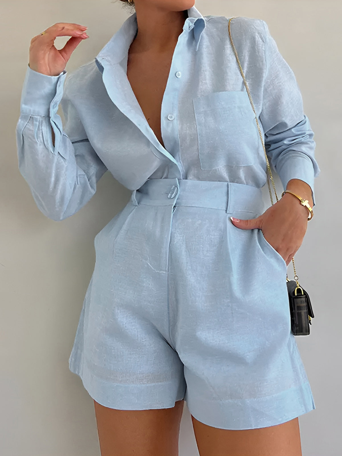 Navela | Long Sleeve Loose Shorts Set