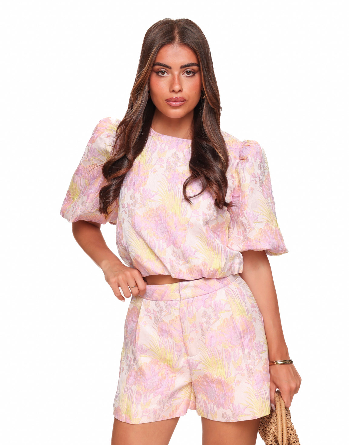 Navela | Lila Flower Puff Sleeve Top & Shorts - Set