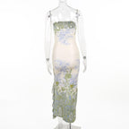 Navela | Flower Print Slit Irregular Contrast Backless Maxi Dress