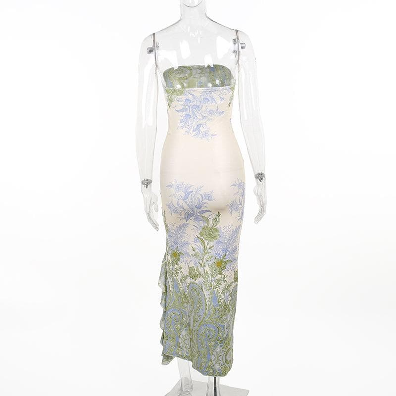 Navela | Flower Print Slit Irregular Contrast Backless Maxi Dress