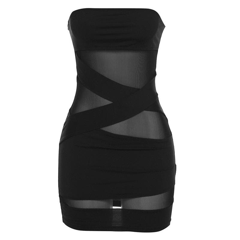 Navela | Cross-Front Mesh Backless Patchwork Tube Mini Dress