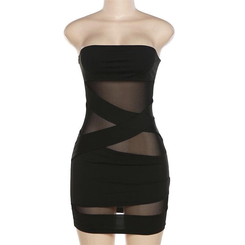 Navela | Cross-Front Mesh Backless Patchwork Tube Mini Dress
