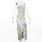 Navela | Flower Print Slit Irregular Contrast Backless Maxi Dress