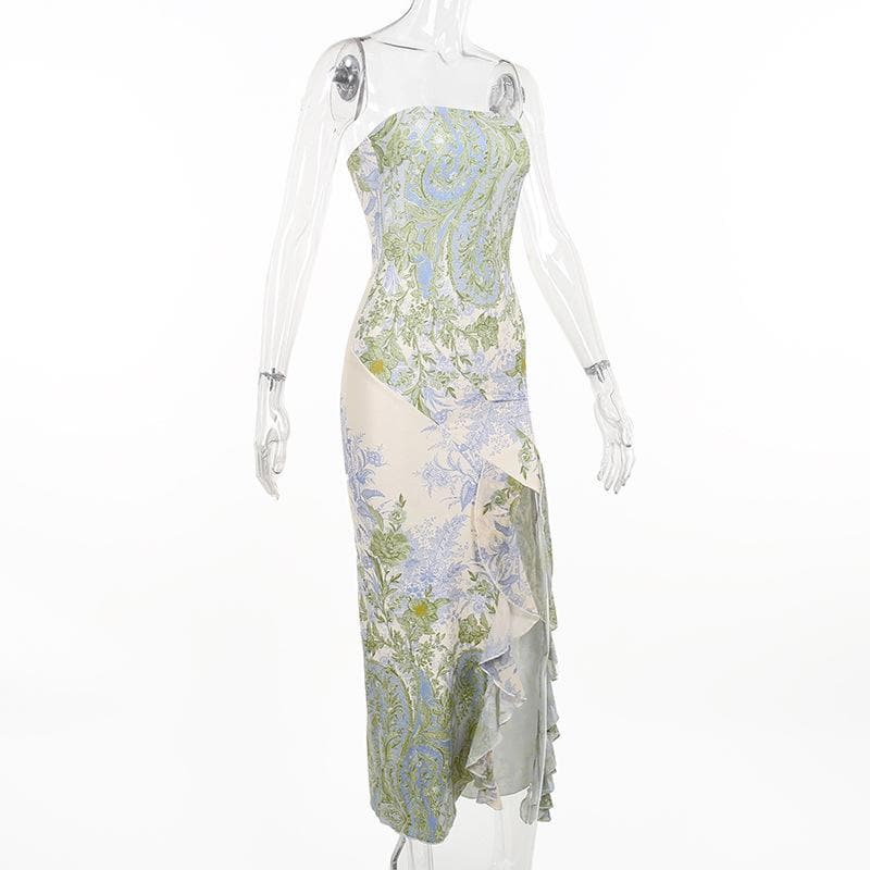 Navela | Flower Print Slit Irregular Contrast Backless Maxi Dress