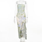 Navela | Flower Print Slit Irregular Contrast Backless Maxi Dress