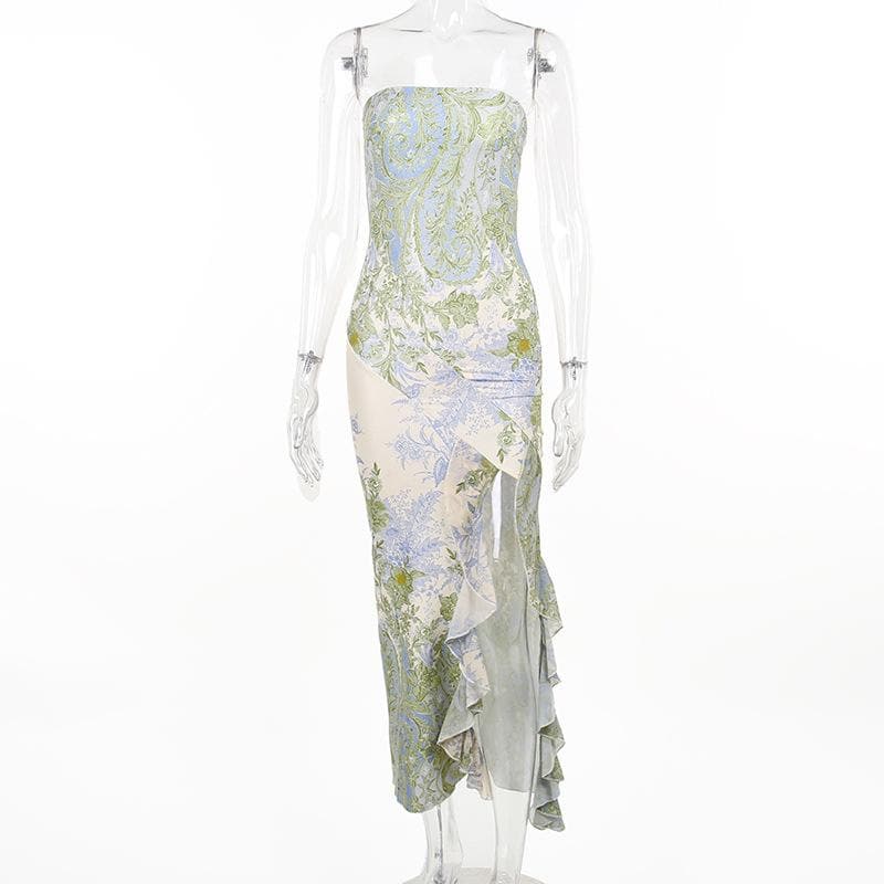 Navela | Flower Print Slit Irregular Contrast Backless Maxi Dress