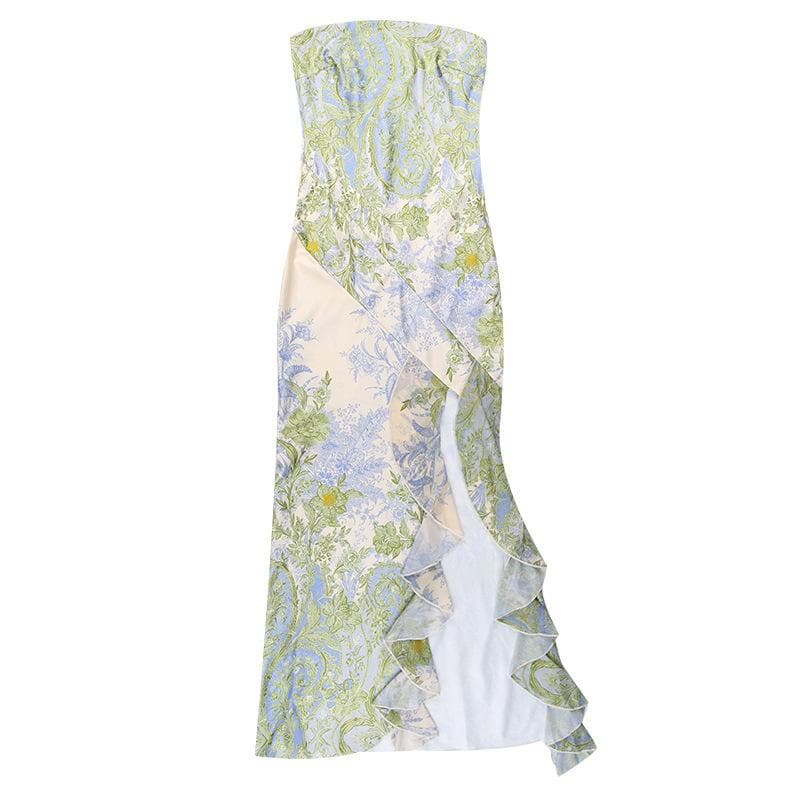 Navela | Flower Print Slit Irregular Contrast Backless Maxi Dress
