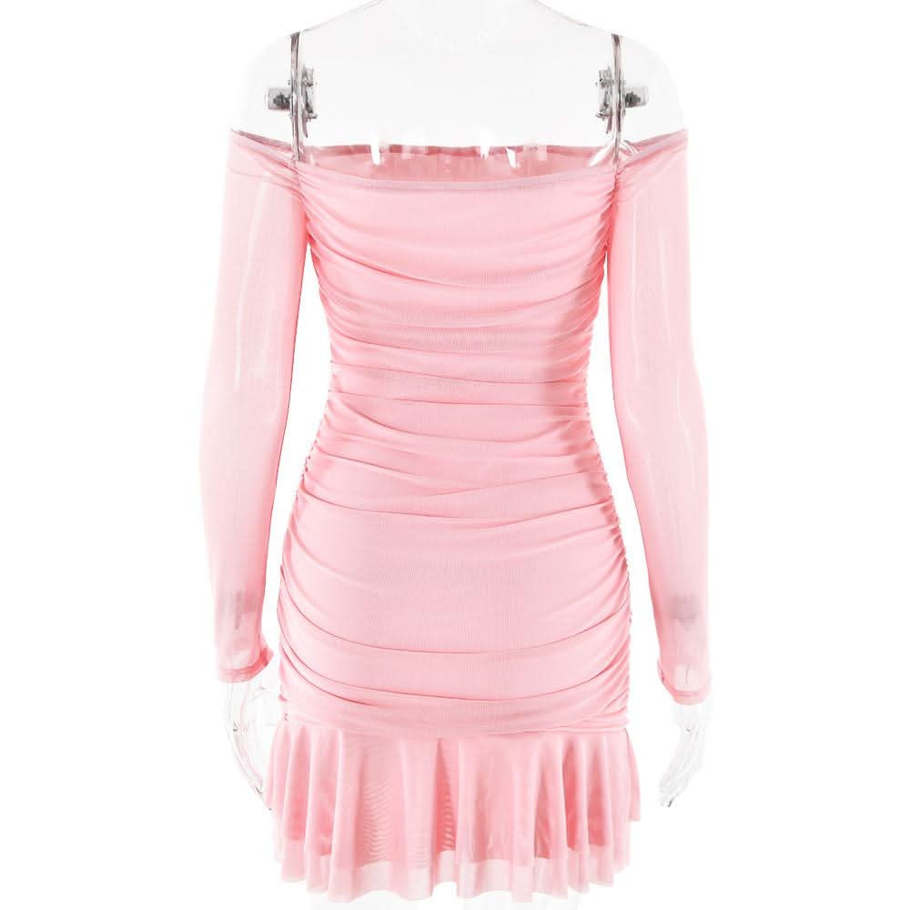 Navela | Off-Shoulder Ruched Mesh Long Sleeve Mini Dress