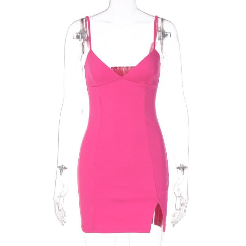 Navela | V-Neck Backless Slit Cami Mini Dress –