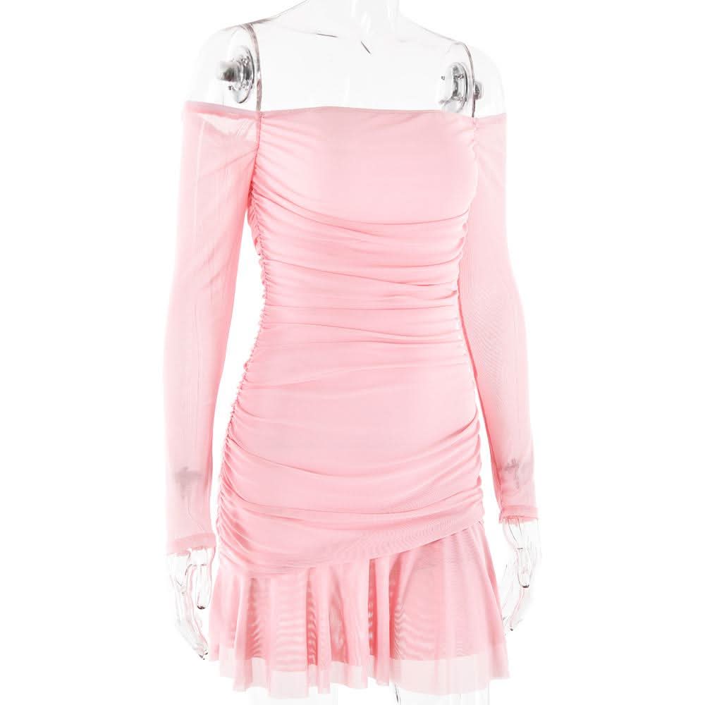 Navela | Off-Shoulder Ruched Mesh Long Sleeve Mini Dress