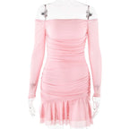 Navela | Off-Shoulder Ruched Mesh Long Sleeve Mini Dress
