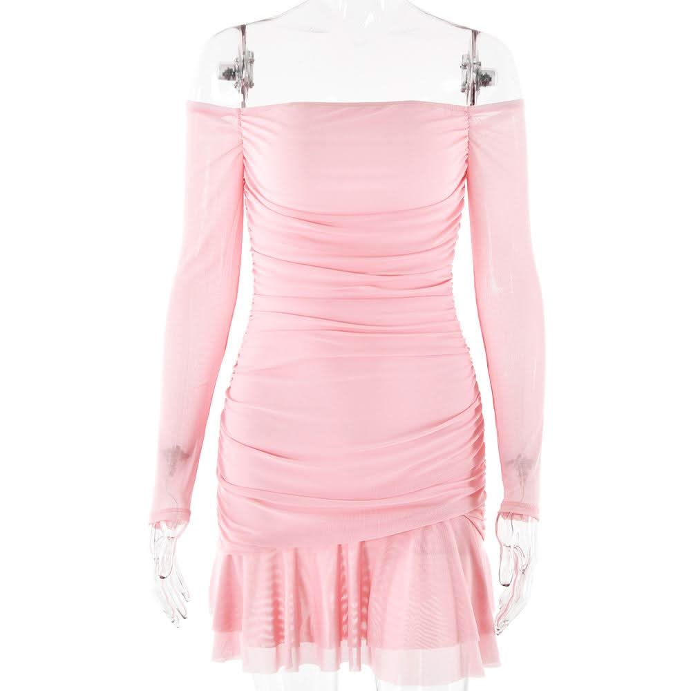 Navela | Off-Shoulder Ruched Mesh Long Sleeve Mini Dress