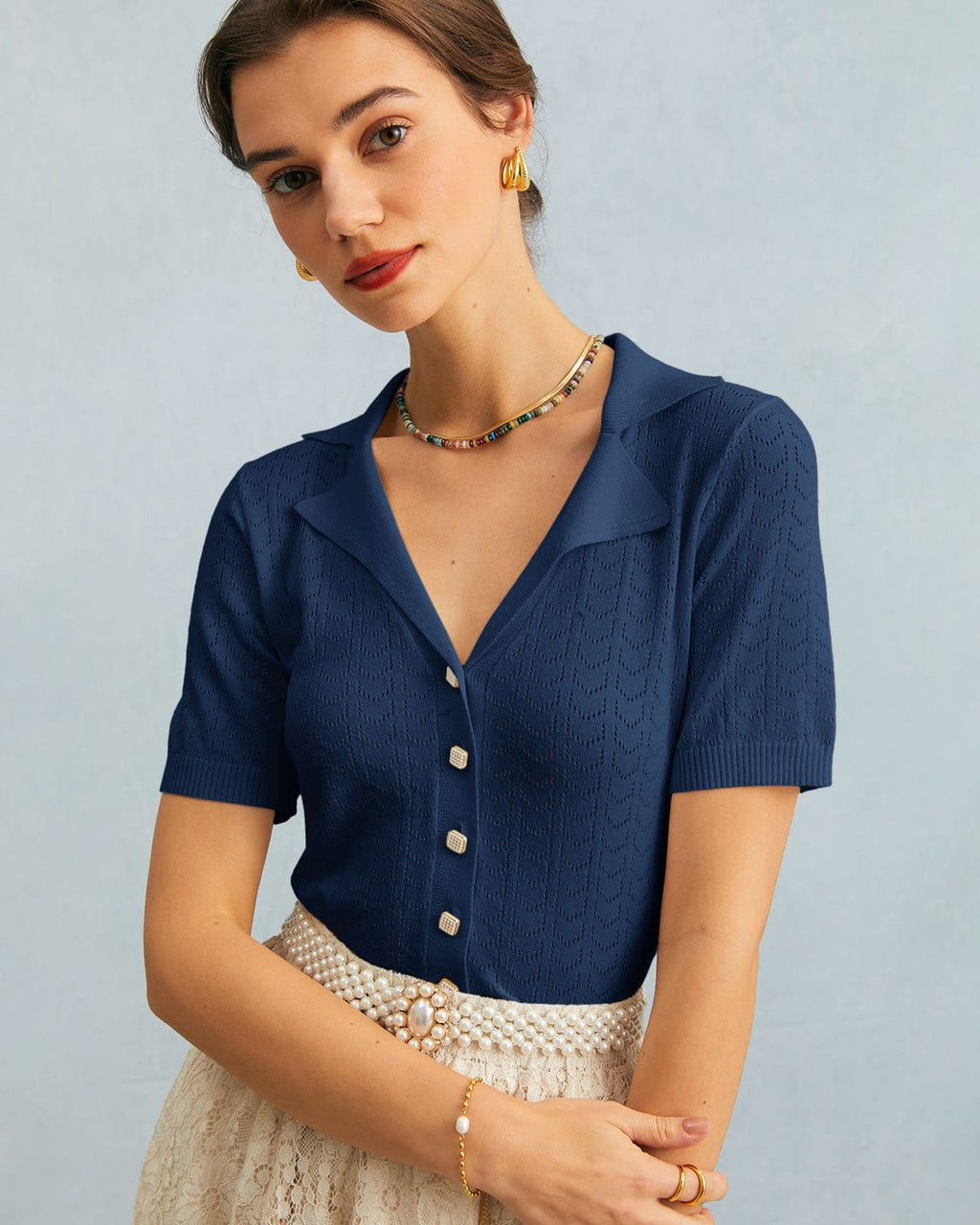 Navela | The Navy Collared Pointelle Knit Top