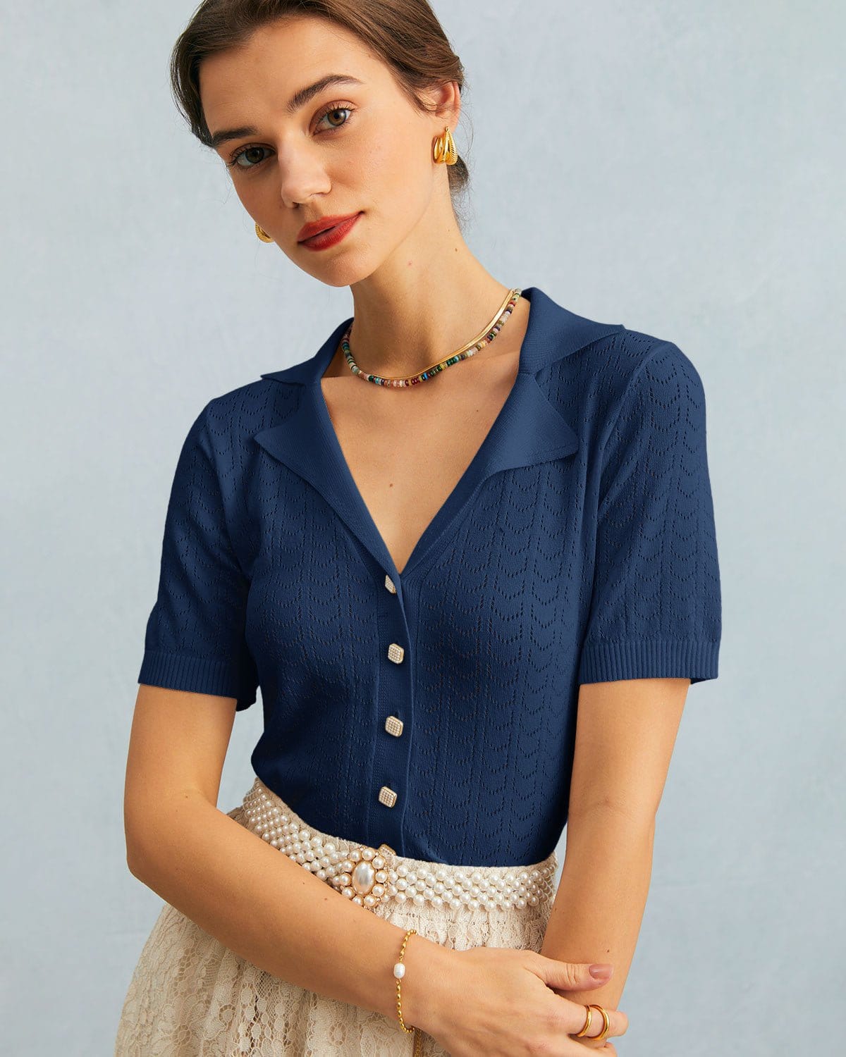 Navela | The Navy Collared Pointelle Knit Top