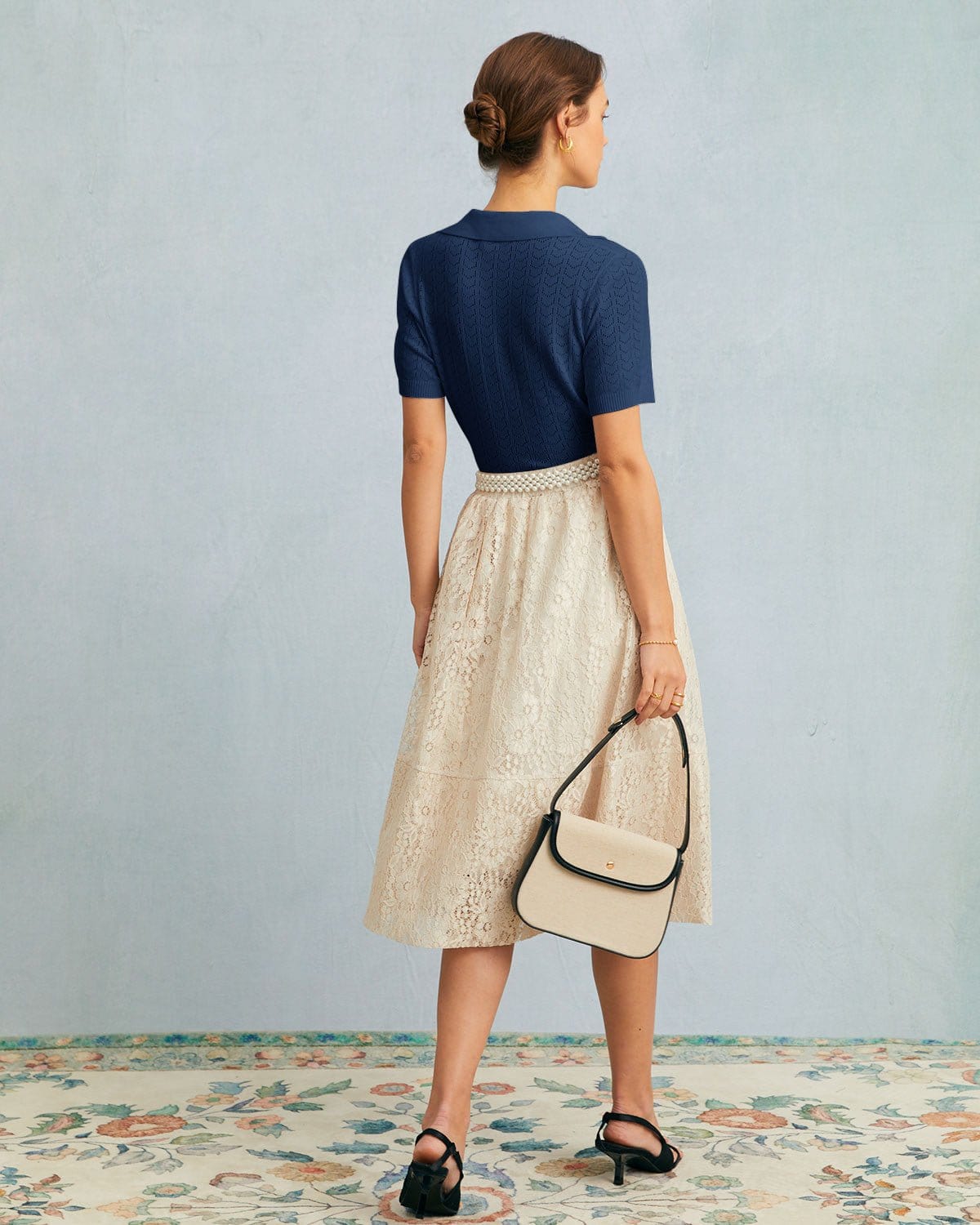 Navela | The Navy Collared Pointelle Knit Top