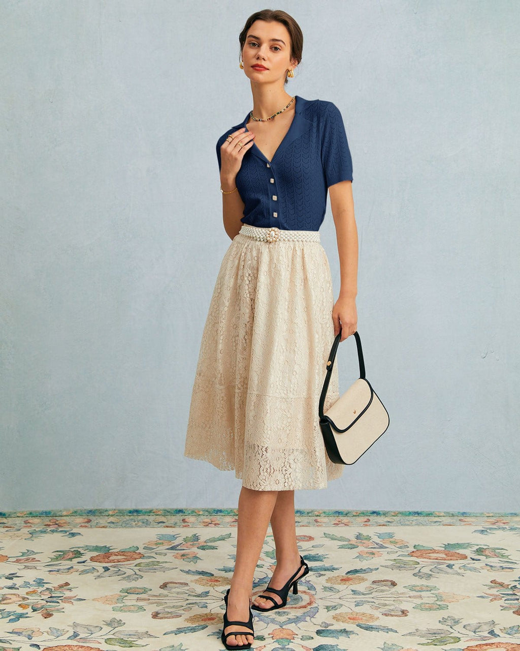 Navela | The Navy Collared Pointelle Knit Top
