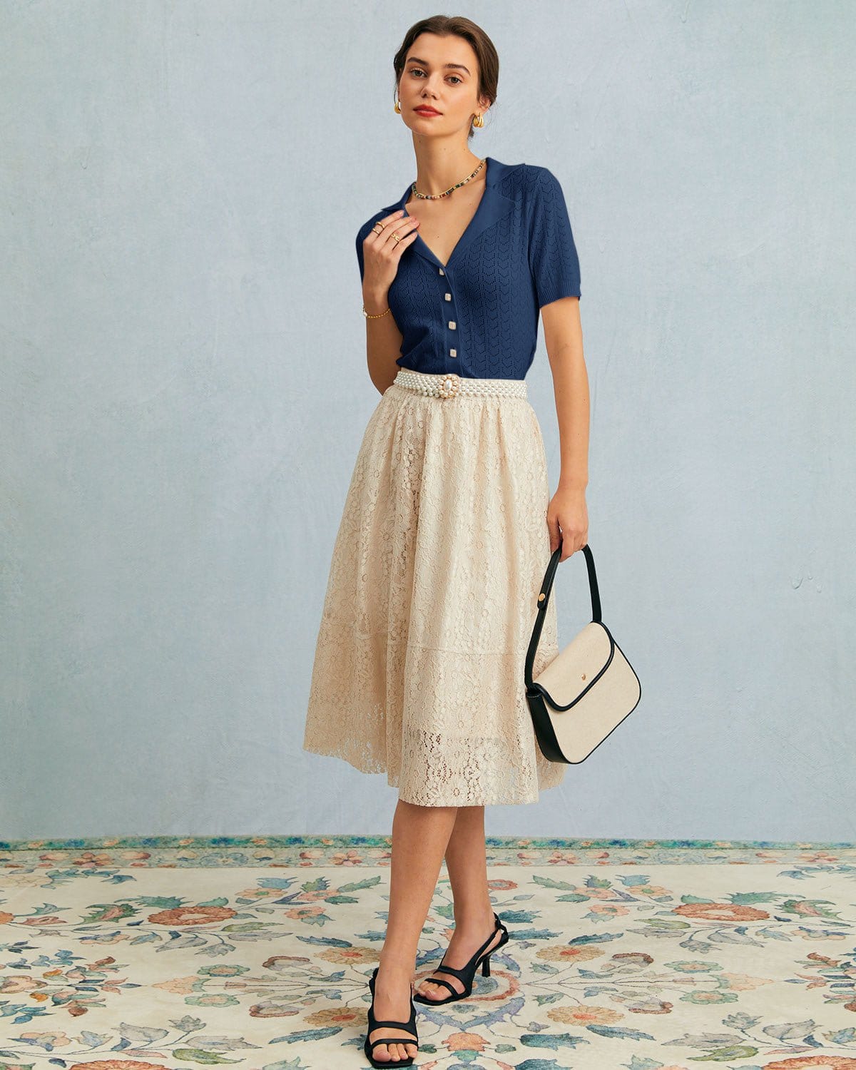 Navela | The Navy Collared Pointelle Knit Top